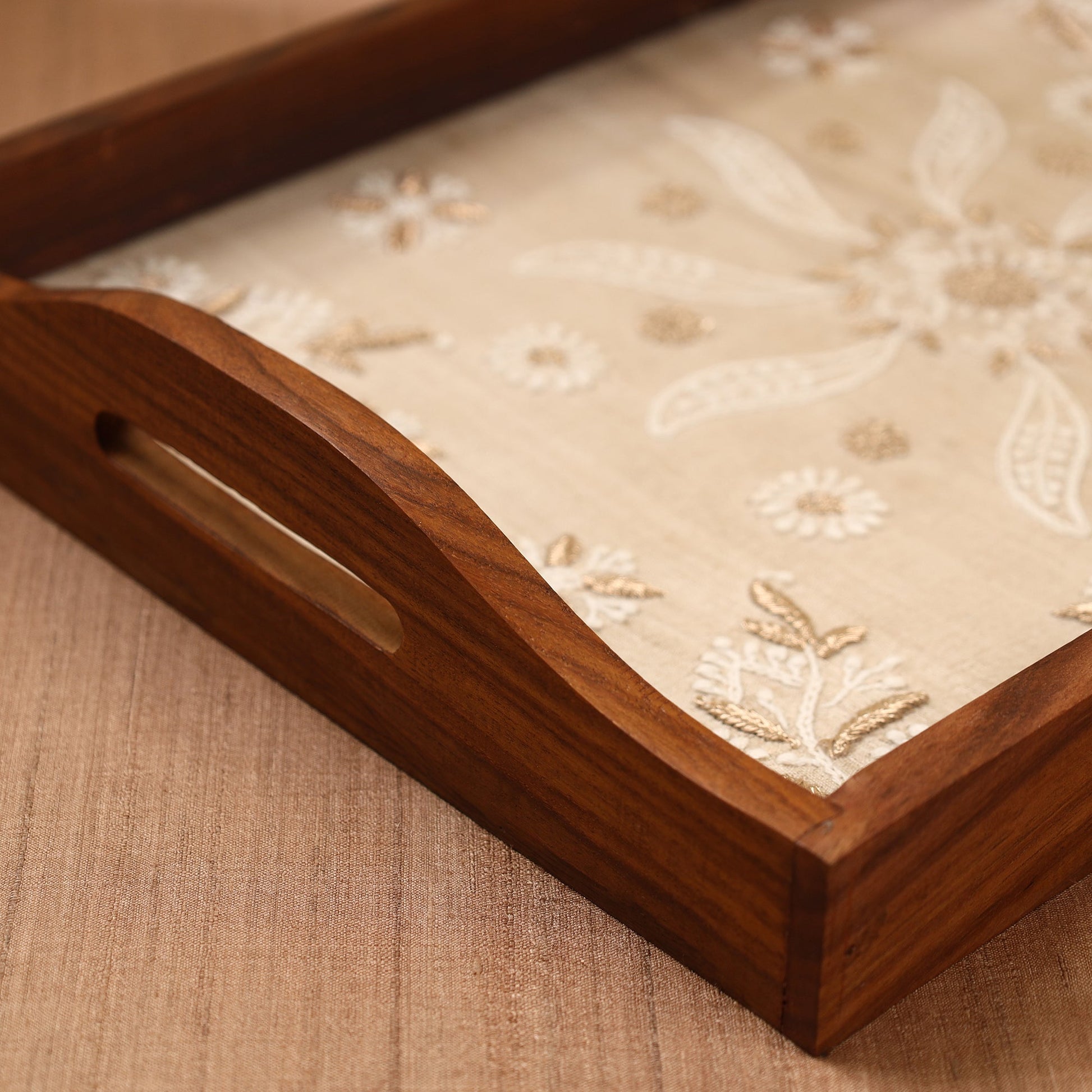 Beige - Chikankari Zari Hand Embroidered Sheesham Wood Tray
