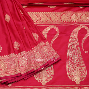 Bridal Ruby Pink Soft Pure Mashru Satin Silk Banarasi Saree