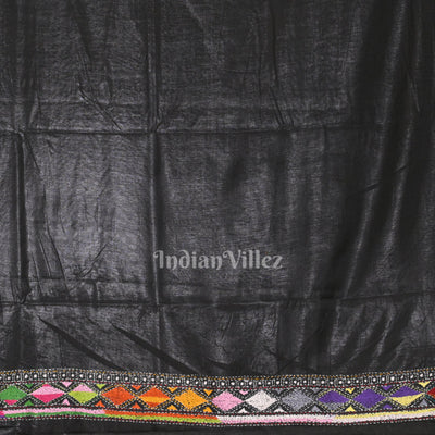 Black Handwoven Kantha Stitch Silk Saree