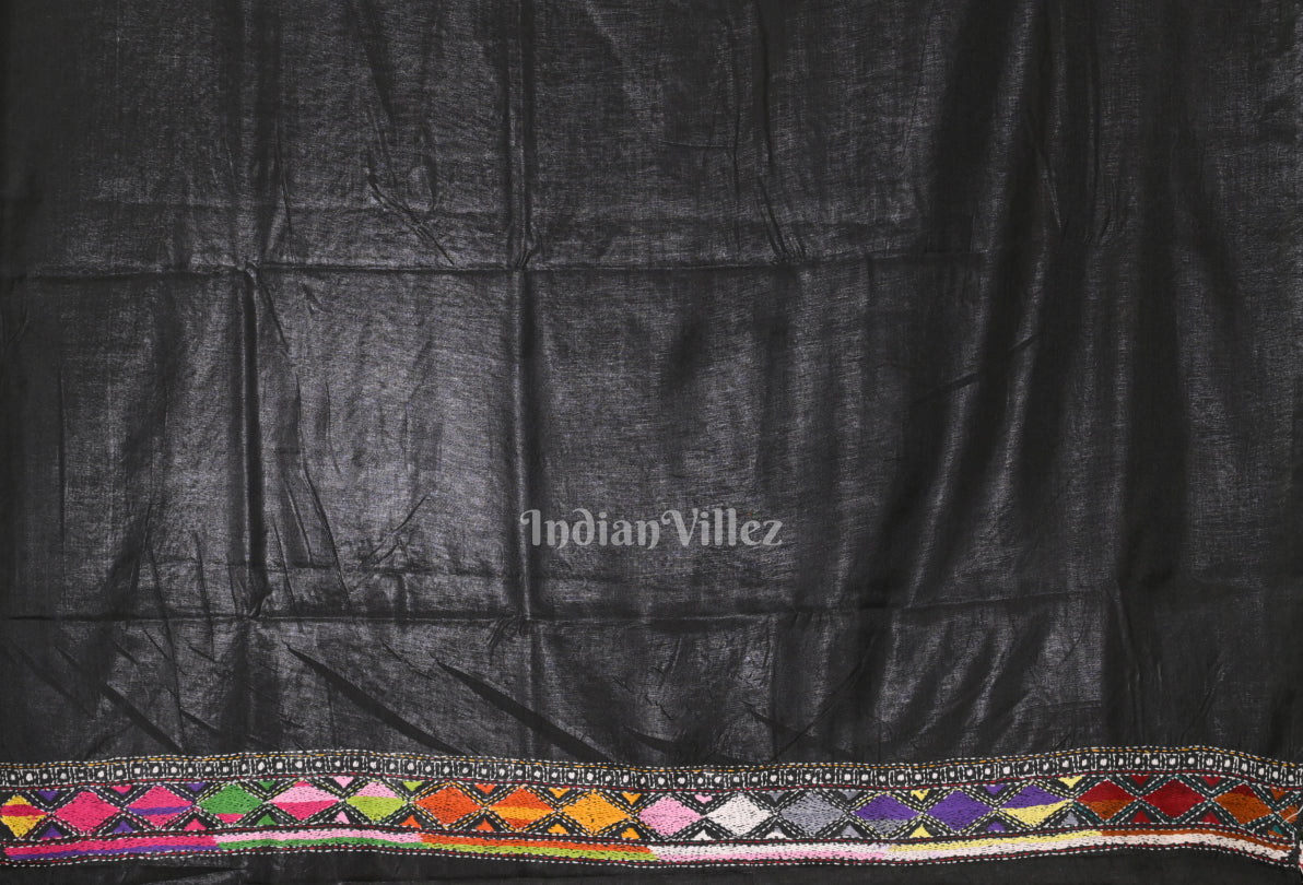 Black Handwoven Kantha Stitch Silk Saree