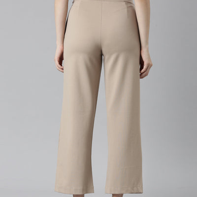 Women Solid Beige Ponte Wide Leg Pants