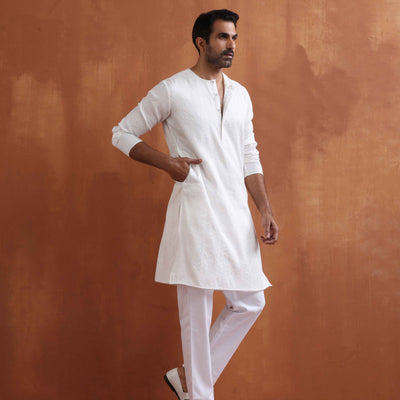 trueBrowns Men's Ivory Sequin Chanderi Kurta