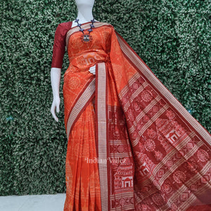 Orange Red Konark Theme Odisha Ikat Sambalpuri Silk Saree