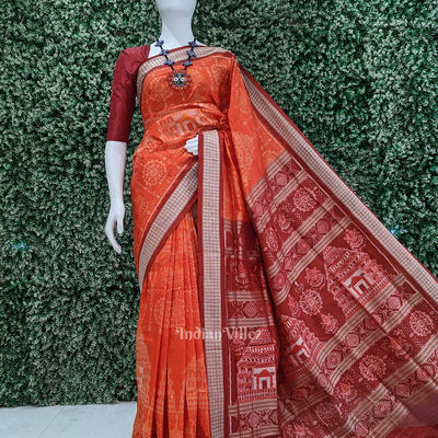 Orange Red Konark Theme Odisha Ikat Sambalpuri Silk Saree