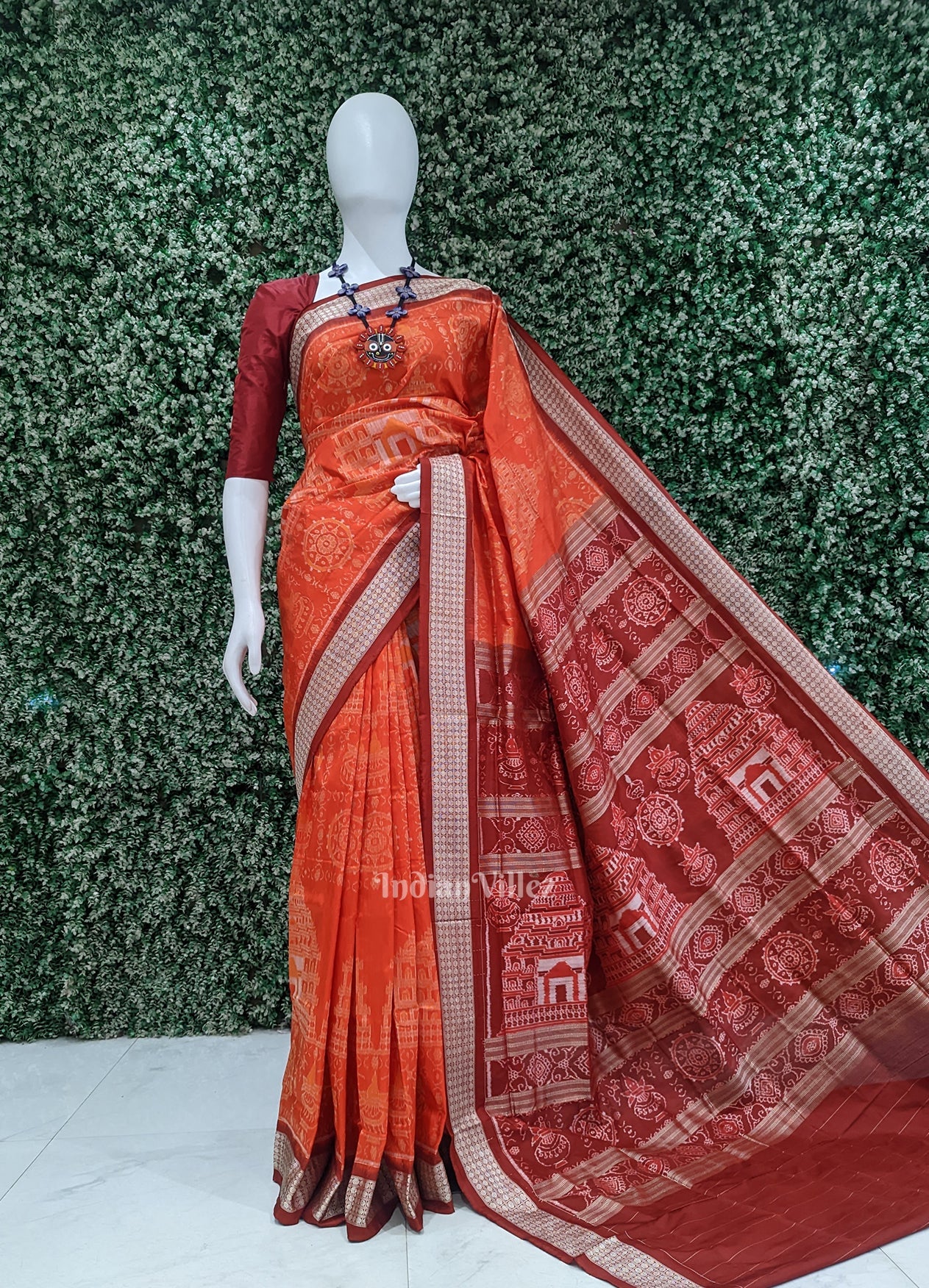 Orange Red Konark Theme Odisha Ikat Sambalpuri Silk Saree