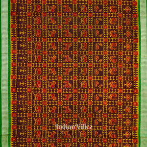 Golden Maroon With Wild Animals Pure Sambalpuri Silk Saree