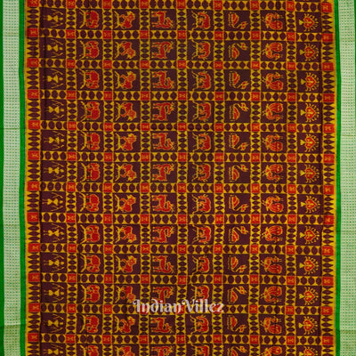 Golden Maroon With Wild Animals Pure Sambalpuri Silk Saree