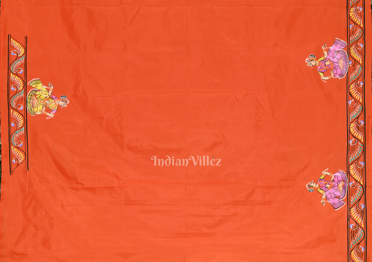 Deep Orange Radha Krishna Boita Hand-Painted Pattachitra Saree