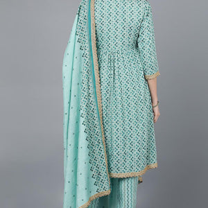 Sea Green Cotton blend Anarkali Kurta Pant With Dupatta VKSKD1463