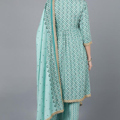 Sea Green Cotton blend Anarkali Kurta Pant With Dupatta VKSKD1463