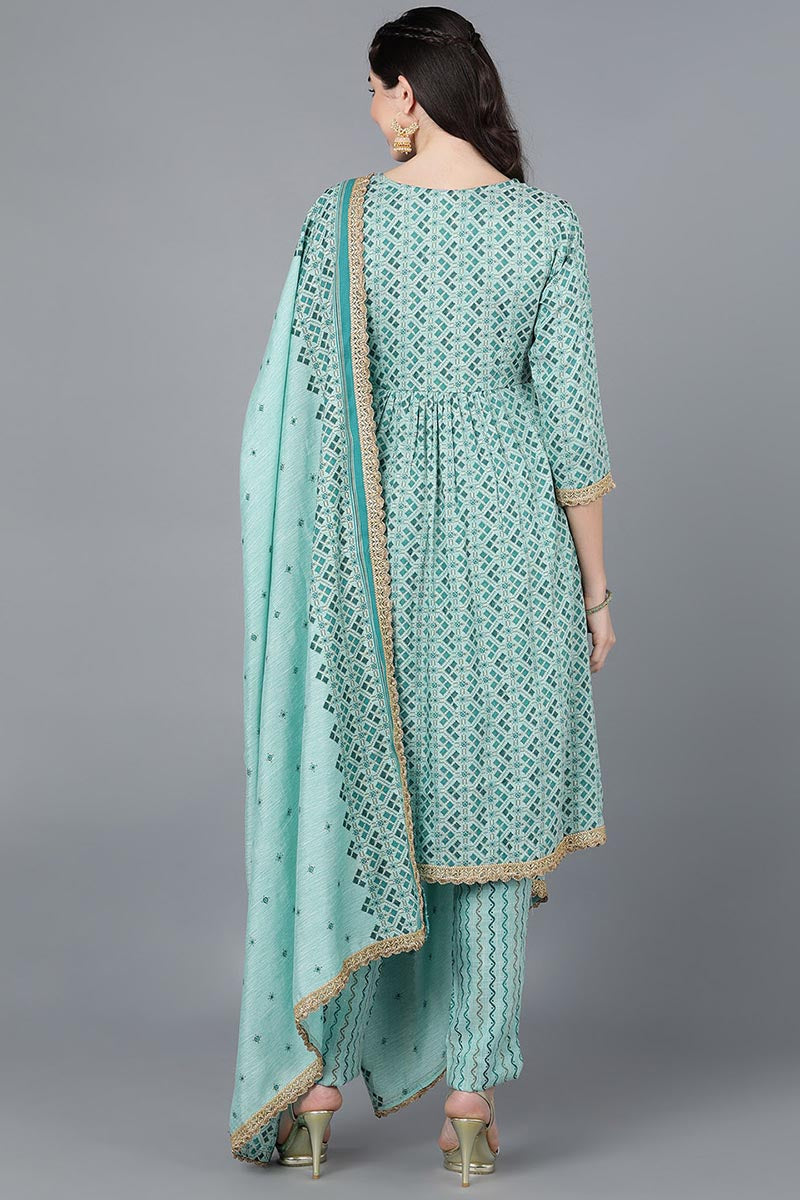 Sea Green Cotton blend Anarkali Kurta Pant With Dupatta VKSKD1463