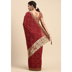 Maroon Foil Printed With Swarovski Vichitra Silk Saree