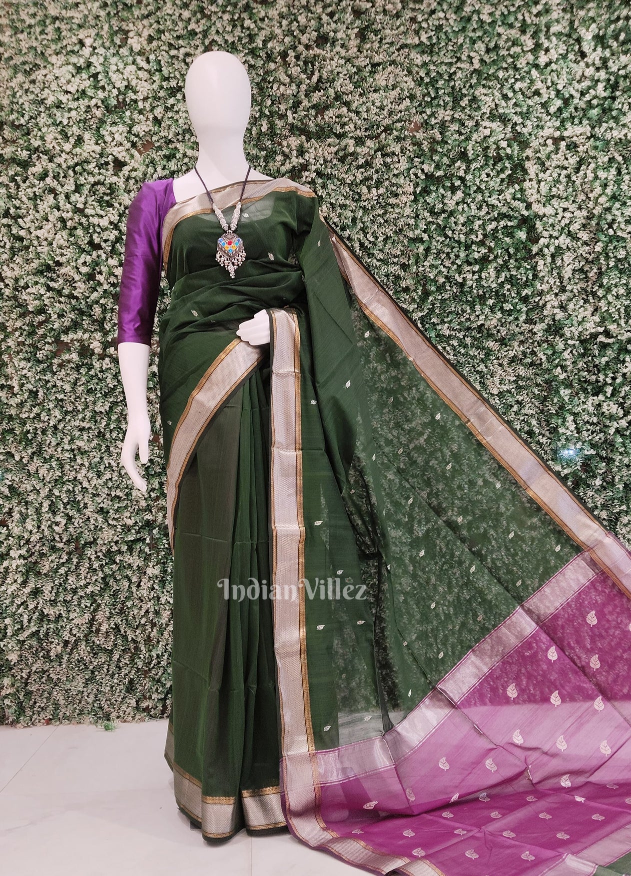 Green Purple Pure Silk Cotton Maheshwari Saree