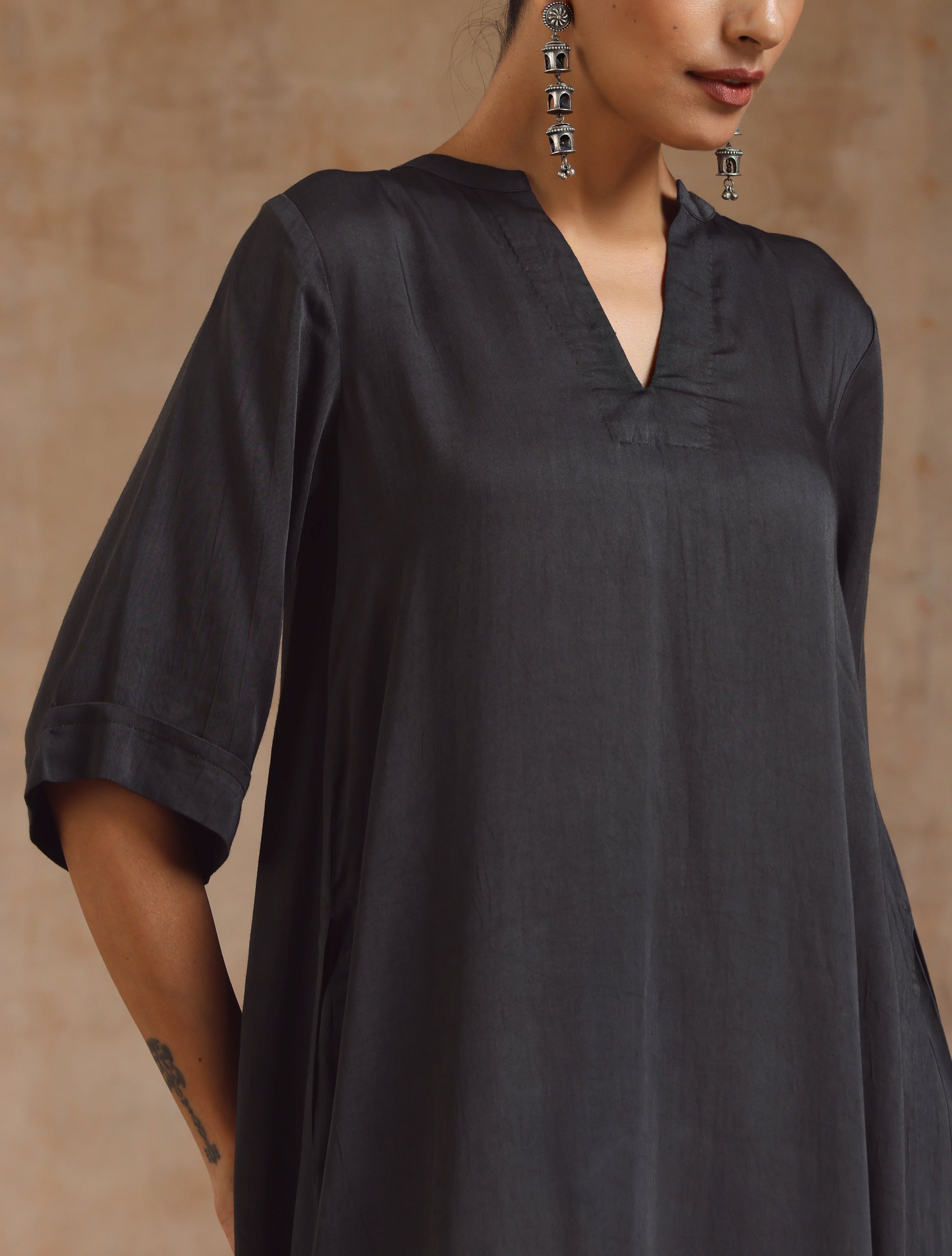 Grey Modal Satin High-Low Relax Kurta Set | Relove