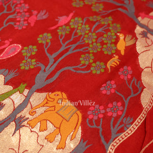 Deep Red Shikargah Theme Tussar Banarasi Handloom Silk Saree