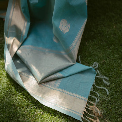 Turquoise Handloom Kanchi Cotton Saree With Annam Buttas