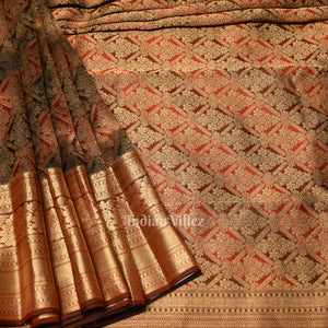 Dark Maroon Pure Brocade with Golden Broder  Bridal Kanjivaram Silk Saree