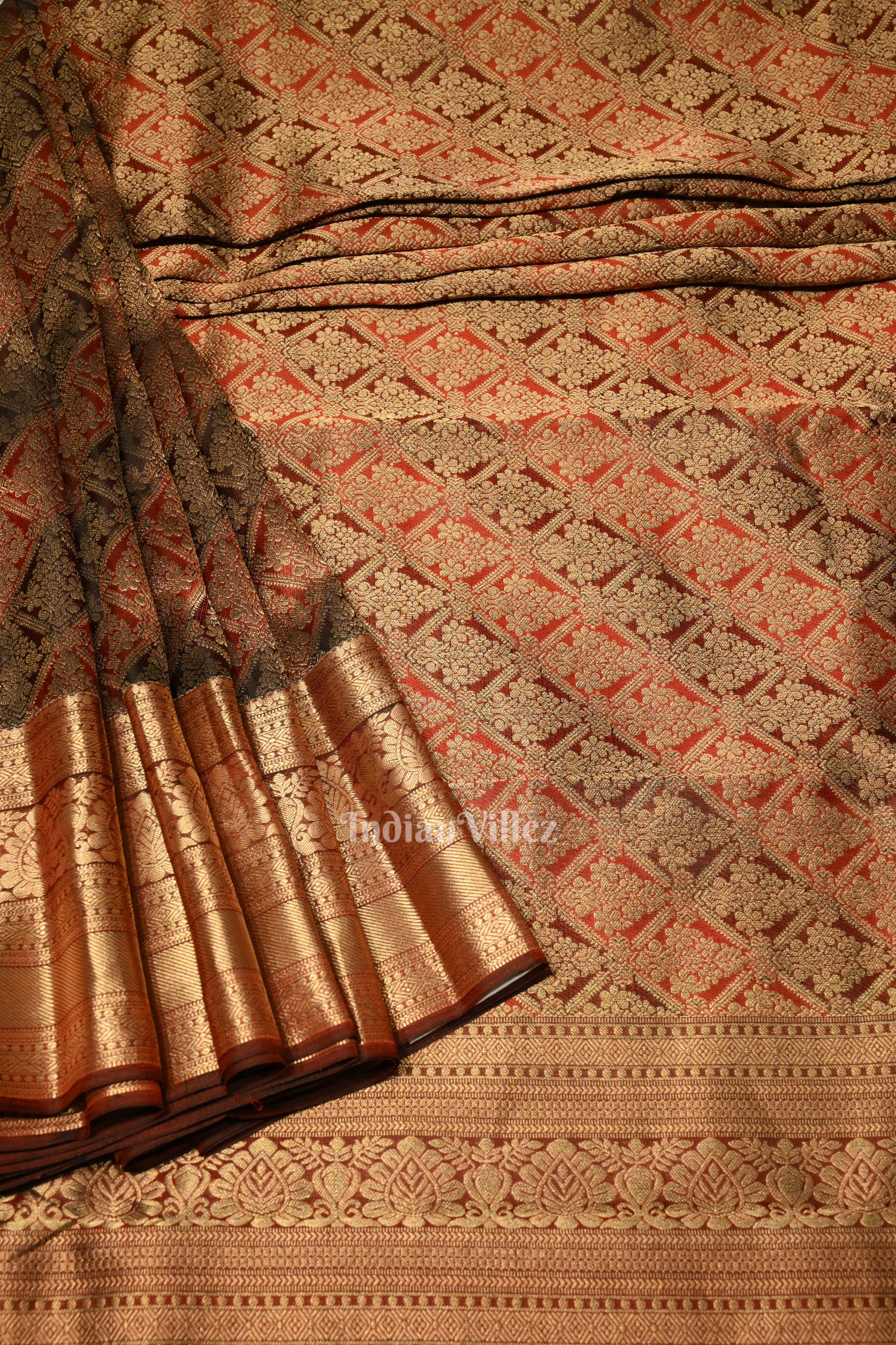 Dark Maroon Pure Brocade with Golden Broder  Bridal Kanjivaram Silk Saree