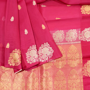 Rani Pink Banarasi Silk Saree With Floral Handwork