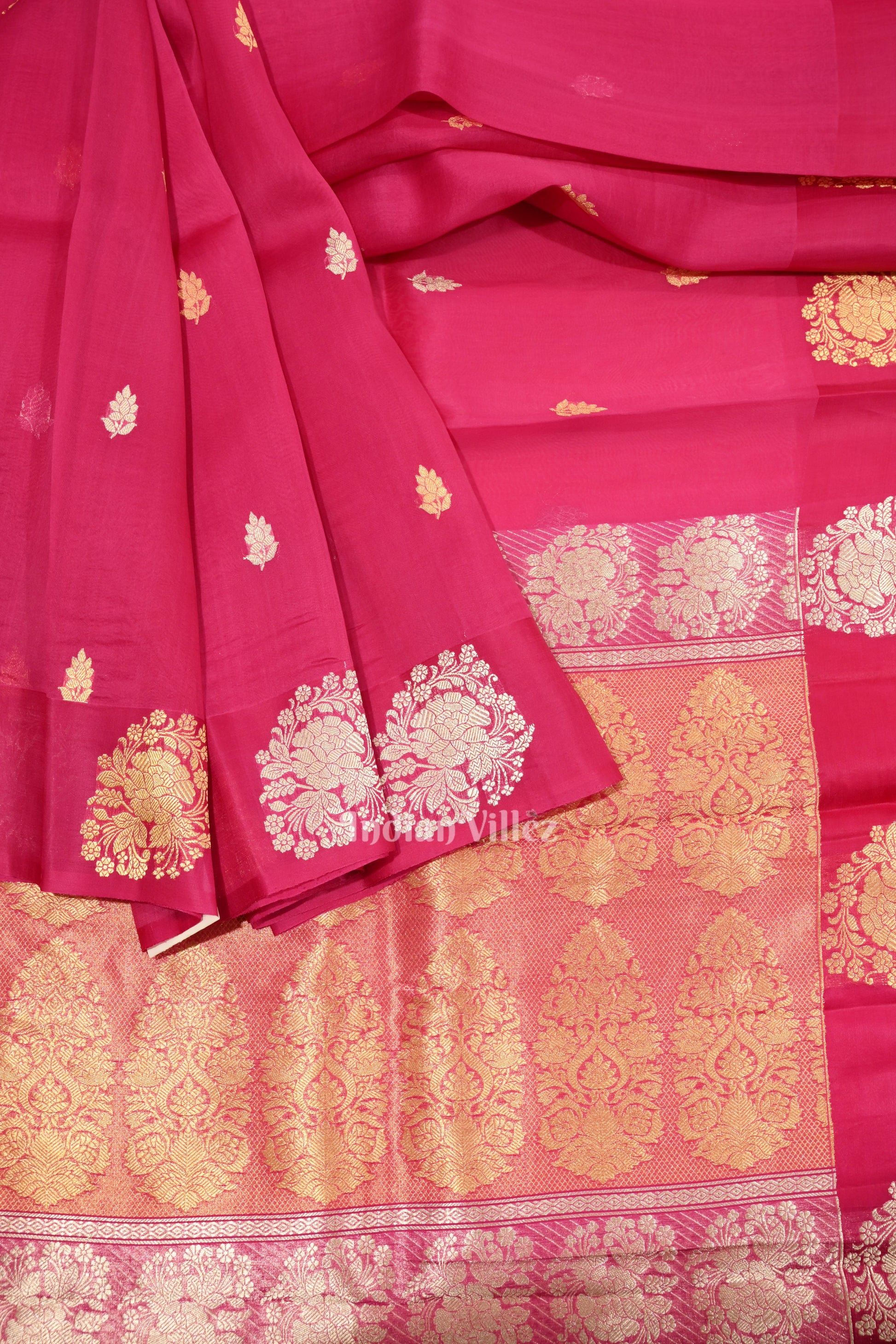 Rani Pink Banarasi Silk Saree With Floral Handwork