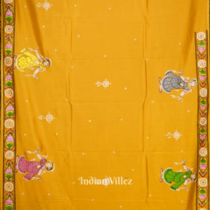 Yellow Ramayana Theme Hand-Painted Pattachitra Saree (Pre Order)