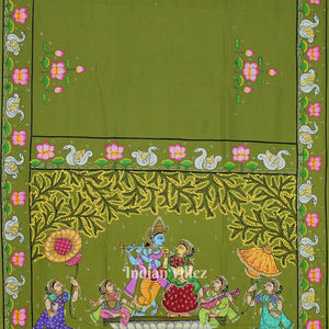 Mehndi Green Krishna Rasa Leela & Lotus Theme Pattachitra Saree