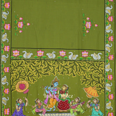 Mehndi Green Krishna Rasa Leela & Lotus Theme Pattachitra Saree