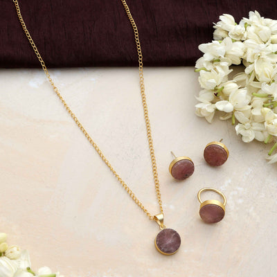 trueBrowns Gold Tone Pink Stone Pendant Set