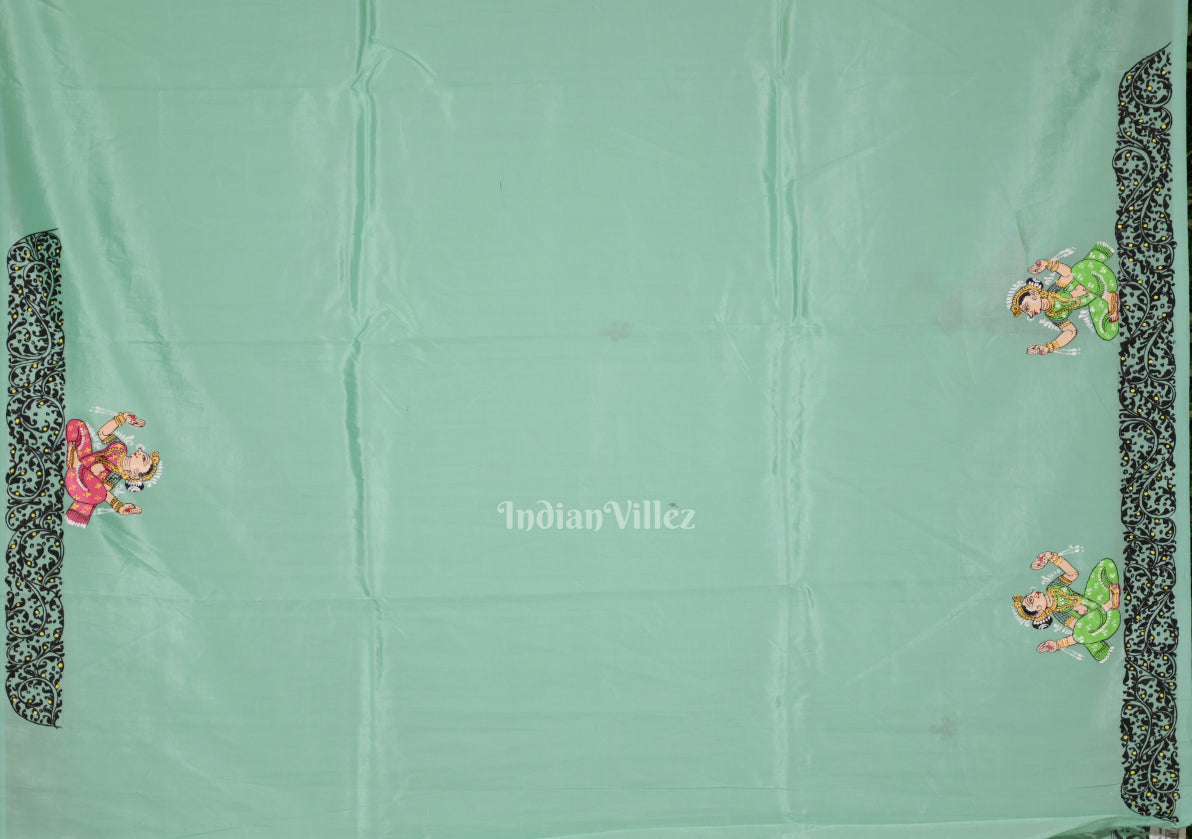 Light Blue Radha Krishna Theme Hand-Painted Pattachitra Saree