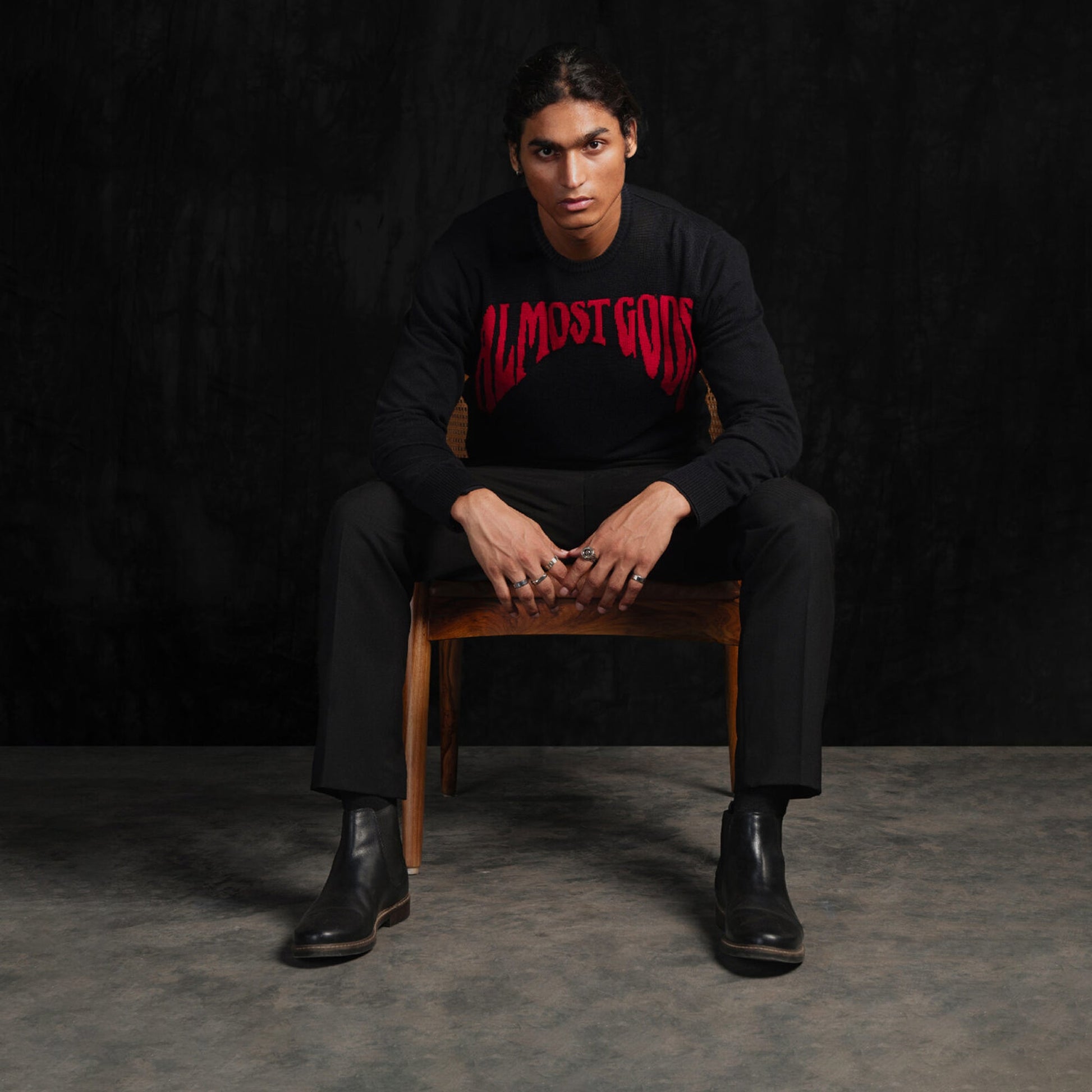 ALMOST GODS | GOTHIC LOGO KNITTED SWEATER { BLACK