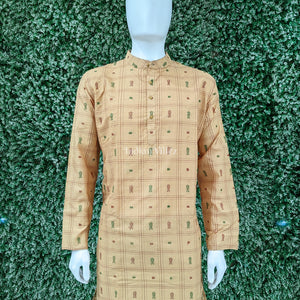 Camel Fish Butta Motif Bomkai Odisha Ikat Cotton Long Kurta For Men