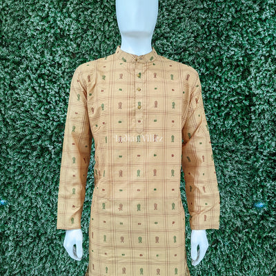 Camel Fish Butta Motif Bomkai Odisha Ikat Cotton Long Kurta For Men