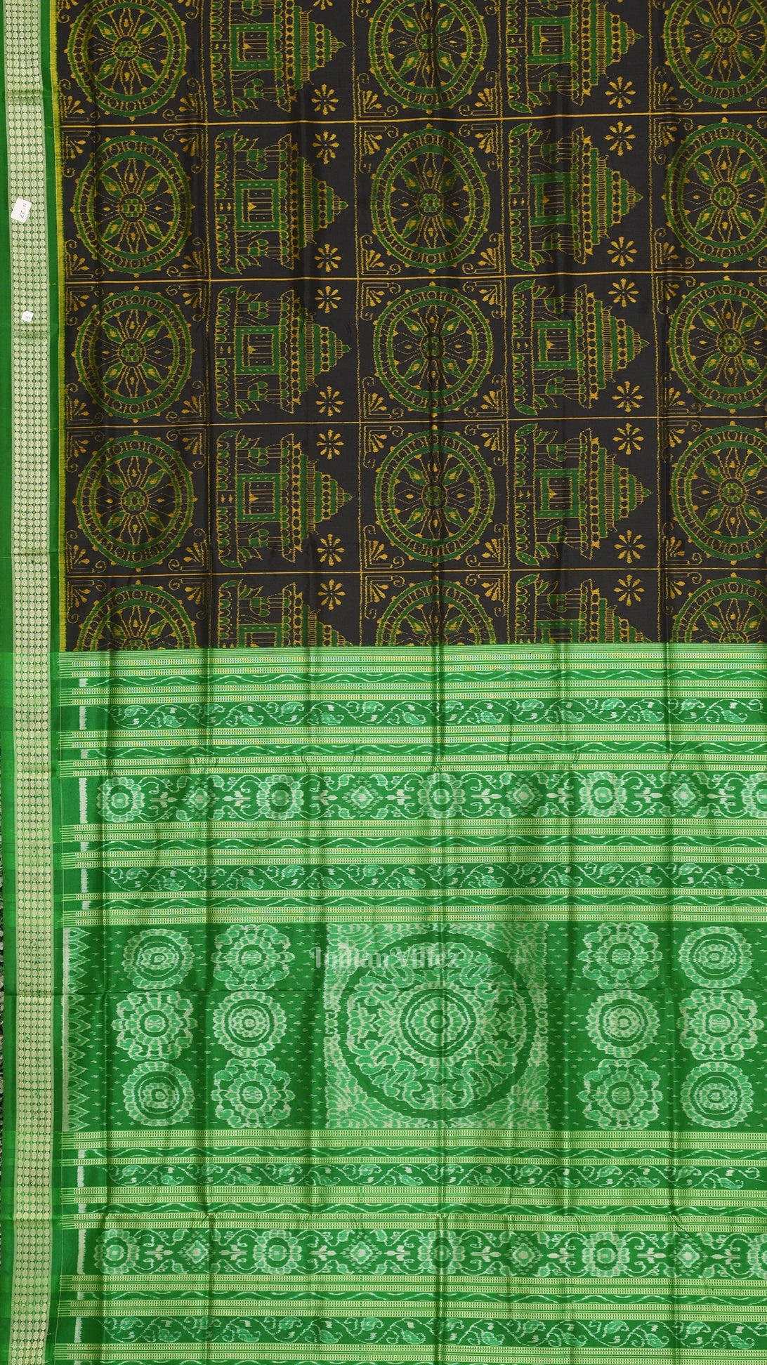 Black Green Konark Theme Sambalpuri Silk Saree