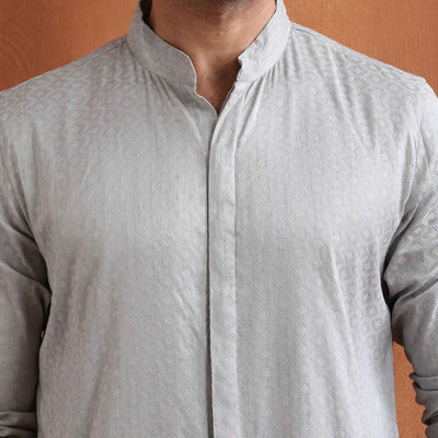 trueBrowns Men's Grey Chanderi Front Open Kurta