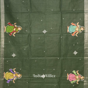 Green Nartaki Theme Hand-Painted Pattachitra Saree(PRE ORDER)