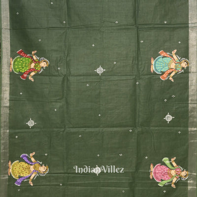 Green Nartaki Theme Hand-Painted Pattachitra Saree(PRE ORDER)