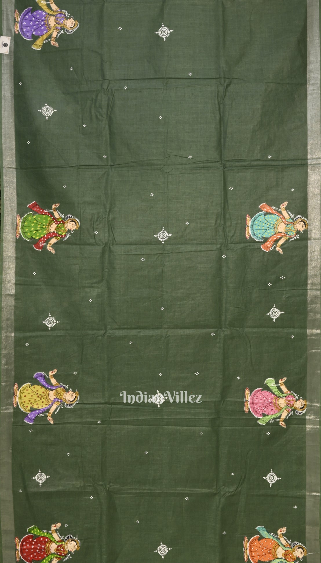 Green Nartaki Theme Hand-Painted Pattachitra Saree(PRE ORDER)