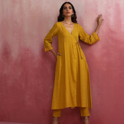 trueBrowns Mustard Cotton Dobby Kurta Set