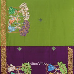 Parrot Green With Violet Raja Theme Hand-Painted Pattachitra Saree