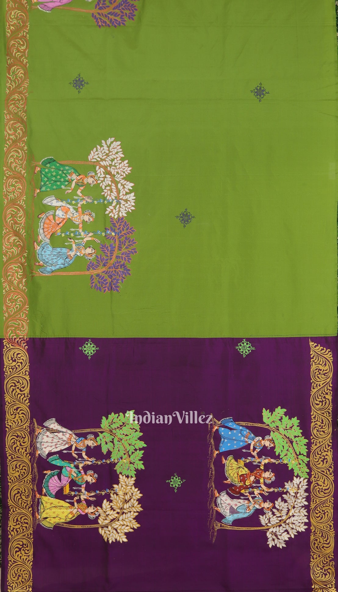 Parrot Green With Violet Raja Theme Hand-Painted Pattachitra Saree