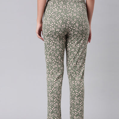 Women Printed Green Cotton Knit Lounge Pants