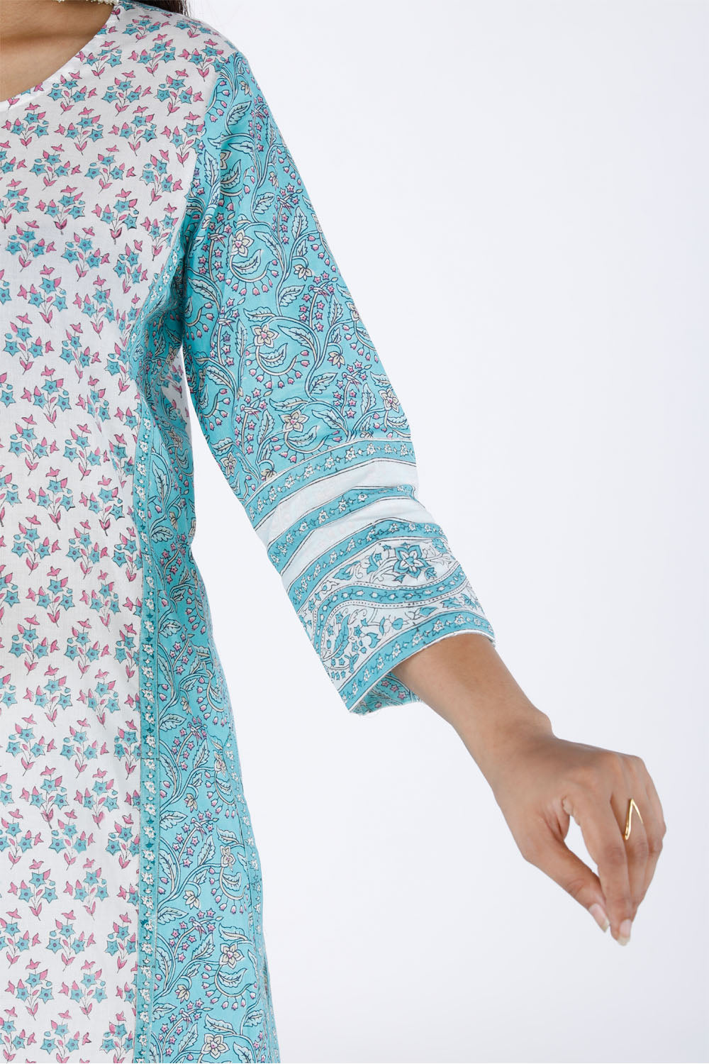 Hand block printed cotton paneled Kurti with pants