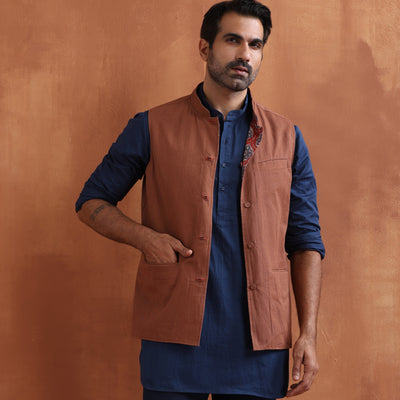 trueBrowns Men's Rust Printed Reversible Nehru Jacket