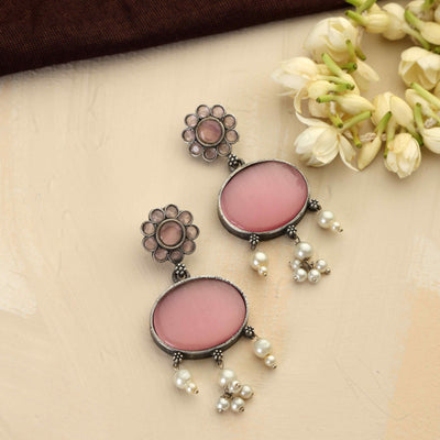 trueBrowns Silver Tone Pink Stone Dangle Earrings