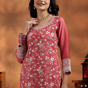 Coral Embroidered Silk Blend Straight Suit With Dupatta
