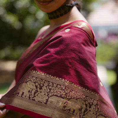 Crimson Handloom Kanchi Cotton Saree With Elephants, House and Lady Motifs in Border