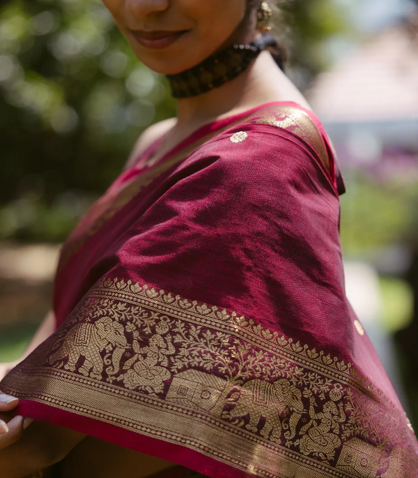 Crimson Handloom Kanchi Cotton Saree With Elephants, House and Lady Motifs in Border