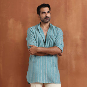 trueBrowns Men's Green Cotton Dobby Short Kurta