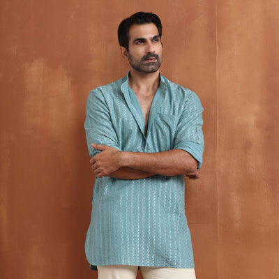 trueBrowns Men's Green Cotton Dobby Short Kurta