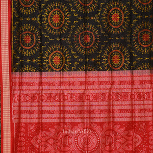 Deep Black Red Tribal Theme Sambalpuri Silk saree